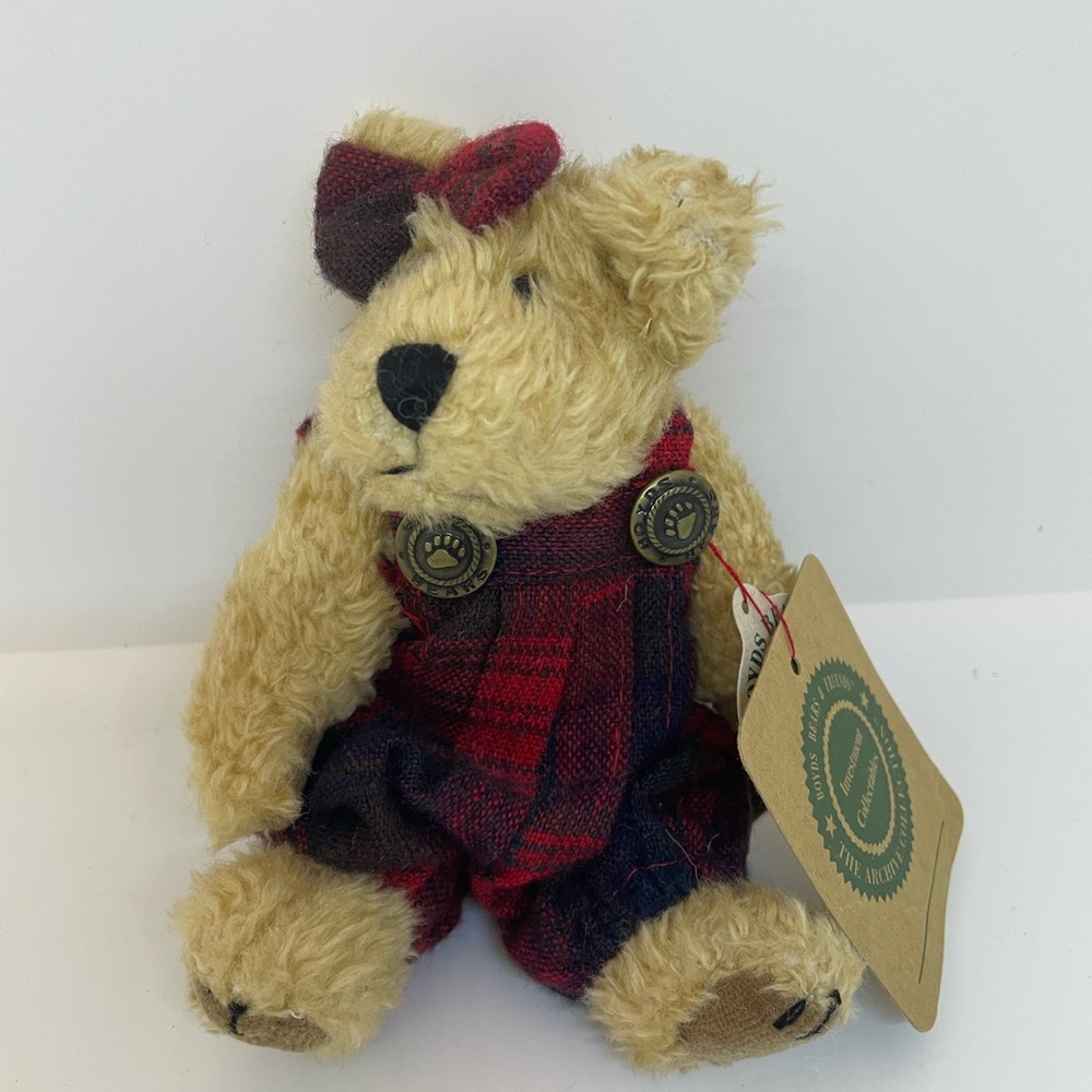 Boyds Bears Plaid Overalls Tan and Red Mini Teddy